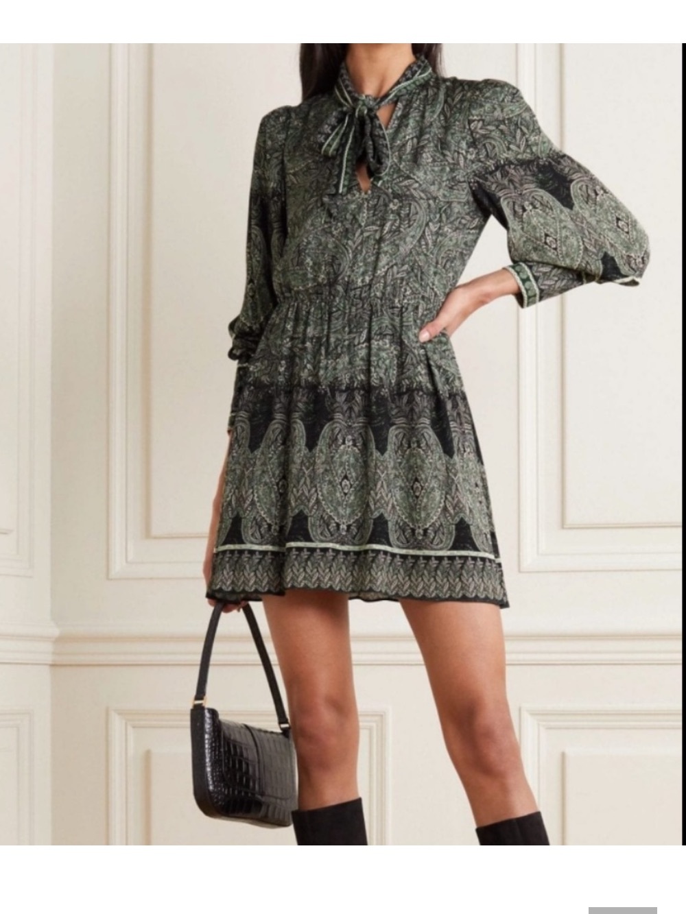 Alice & Olivia Tanisha long sleeve tie neck mini dress green paisley sz 14 - Picture 6 of 16